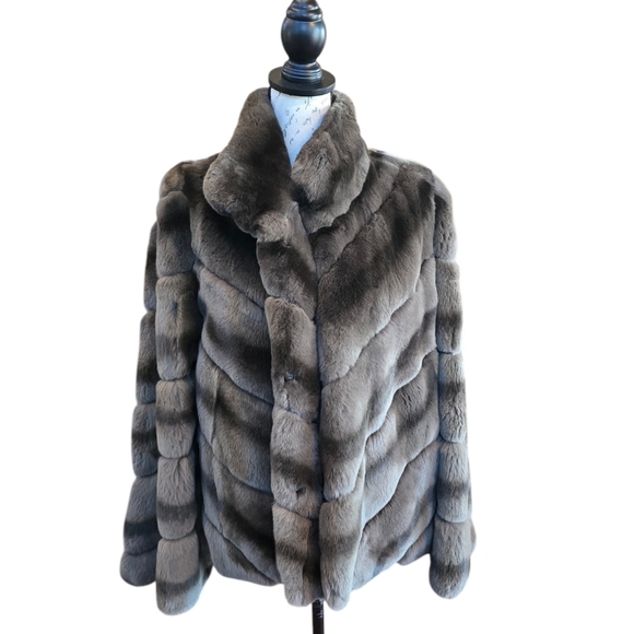 Rex Rabbit Brown Ombre Fur Chevron Pattern Swing Jacket XL - Picture 1 of 6